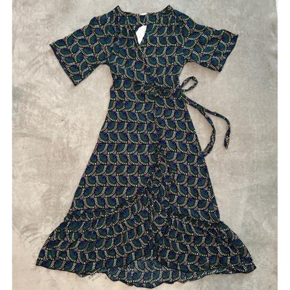 NWT Silk&Salt Wrap Maxi Dress Size S Green Blue Peacock Geometric Boho Resort - Picture 13 of 17